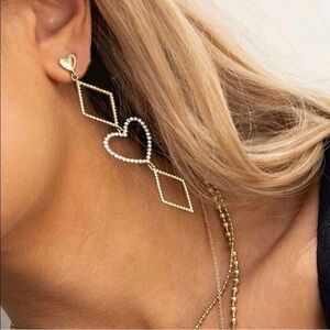 Gold Geometric Rhinestone Statement Earrings — Heart & Diamond Drop Design
